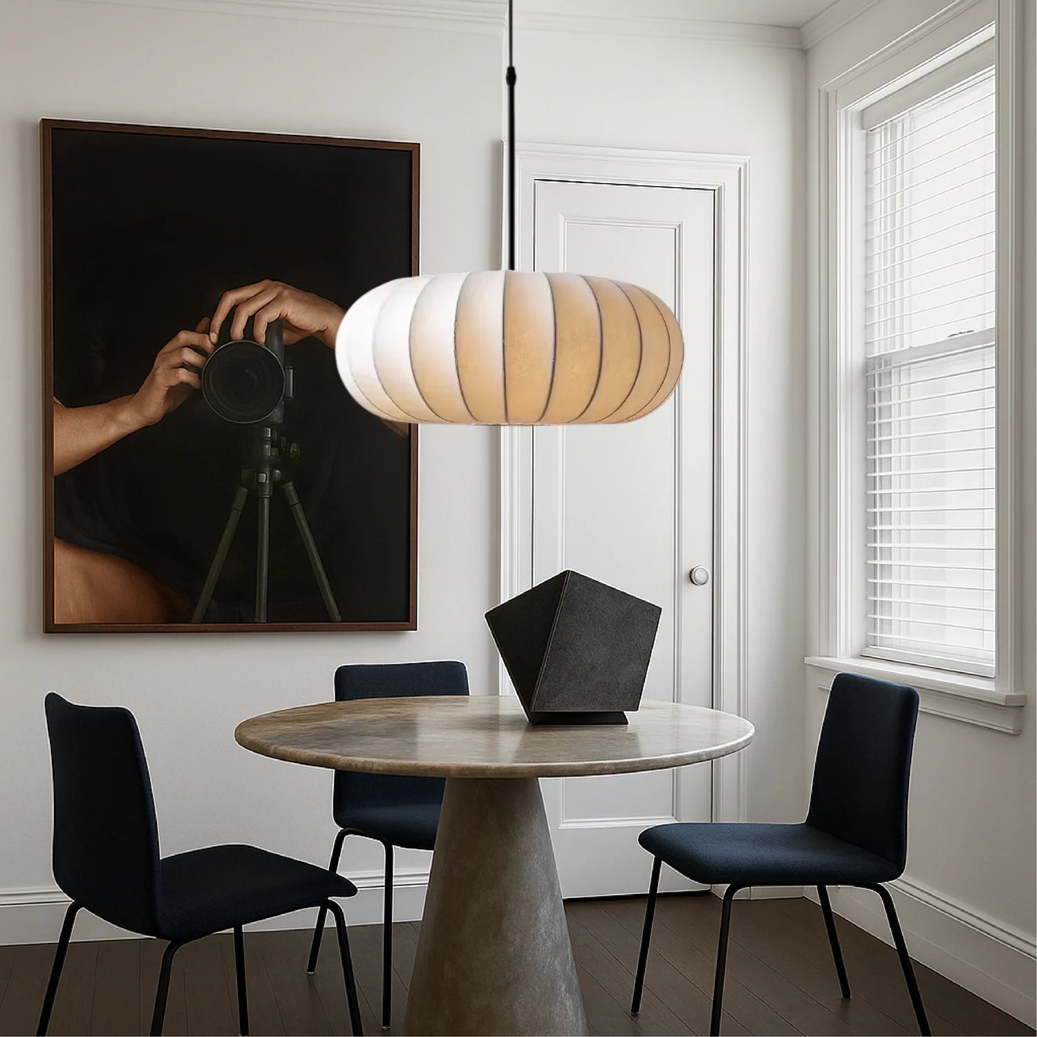 Handcrafted silk pumpkin pendant light with a retro Wabi-Sabi design and dimmable LED, perfect for elegant home decor.