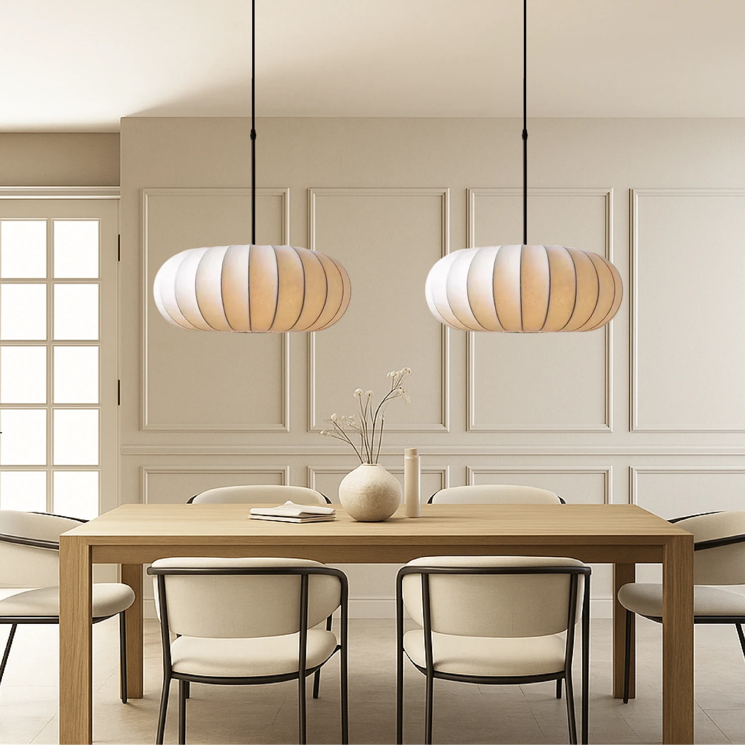 Handcrafted silk pumpkin pendant light with a retro Wabi-Sabi design and dimmable LED, perfect for elegant home decor.