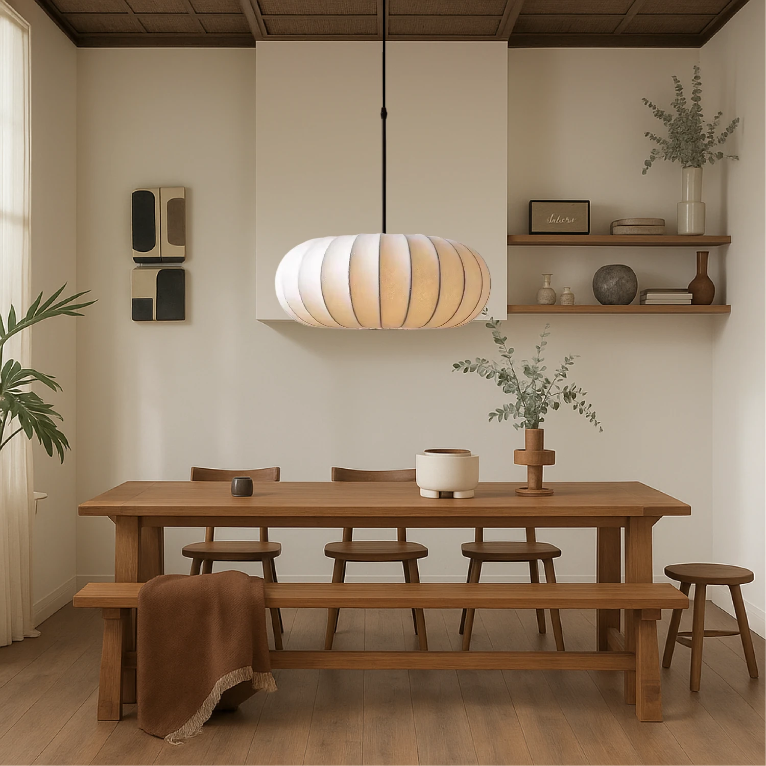 Modern retro silk pumpkin pendant light with a wabi-sabi design, featuring a dimmable LED hanging fixture for elegant home decor.