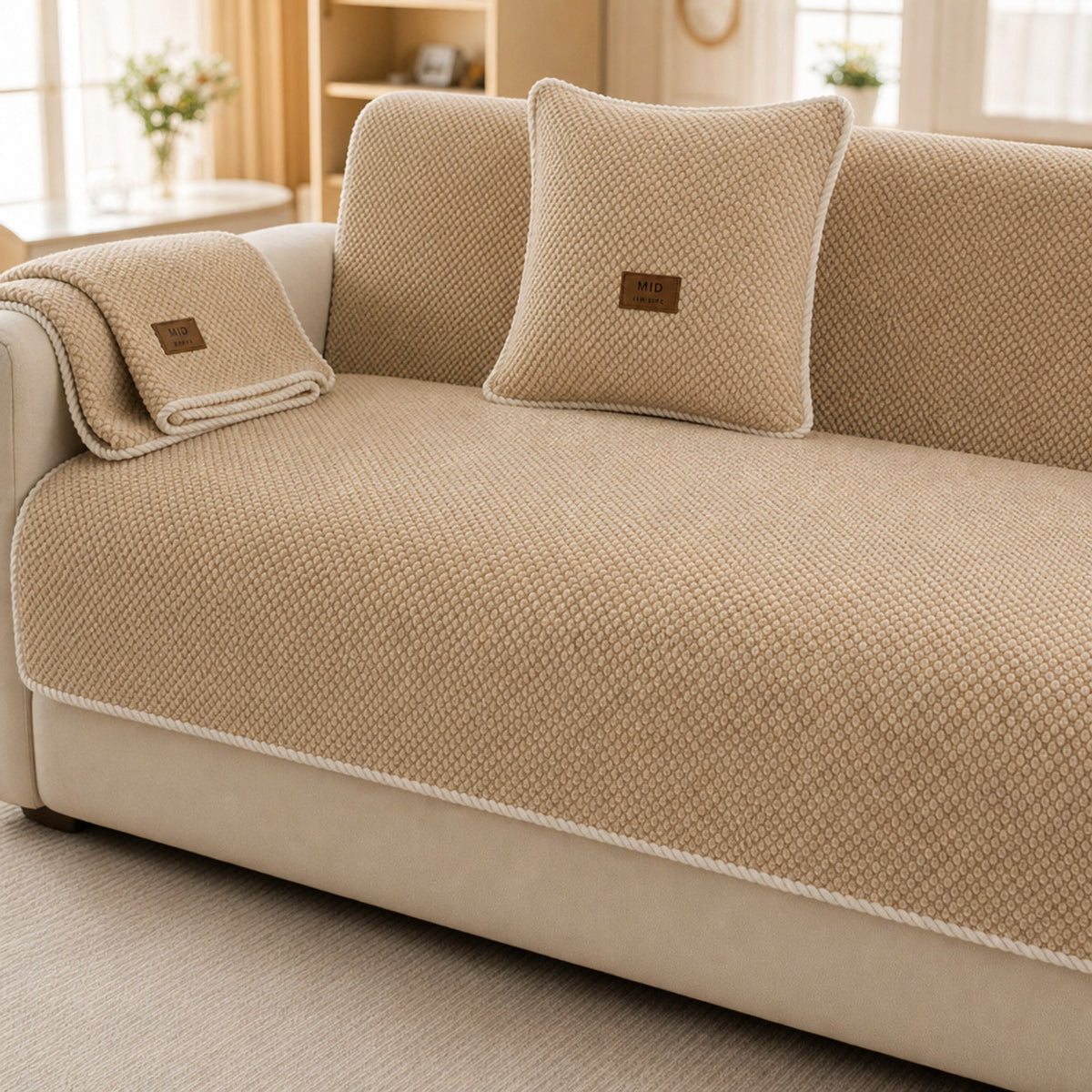 Khaki textured covers arranged across a white sofa