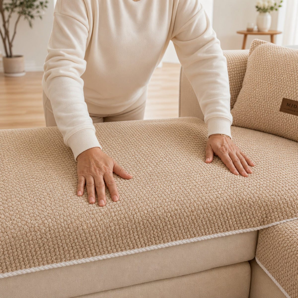 Hands showing the chenille texture on a sofa seat