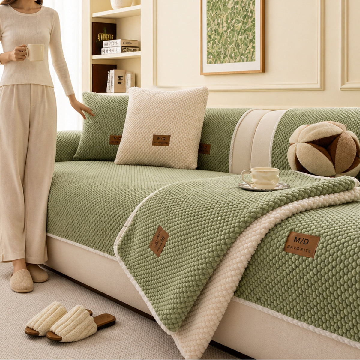 Pale green chenille sofa cover folded