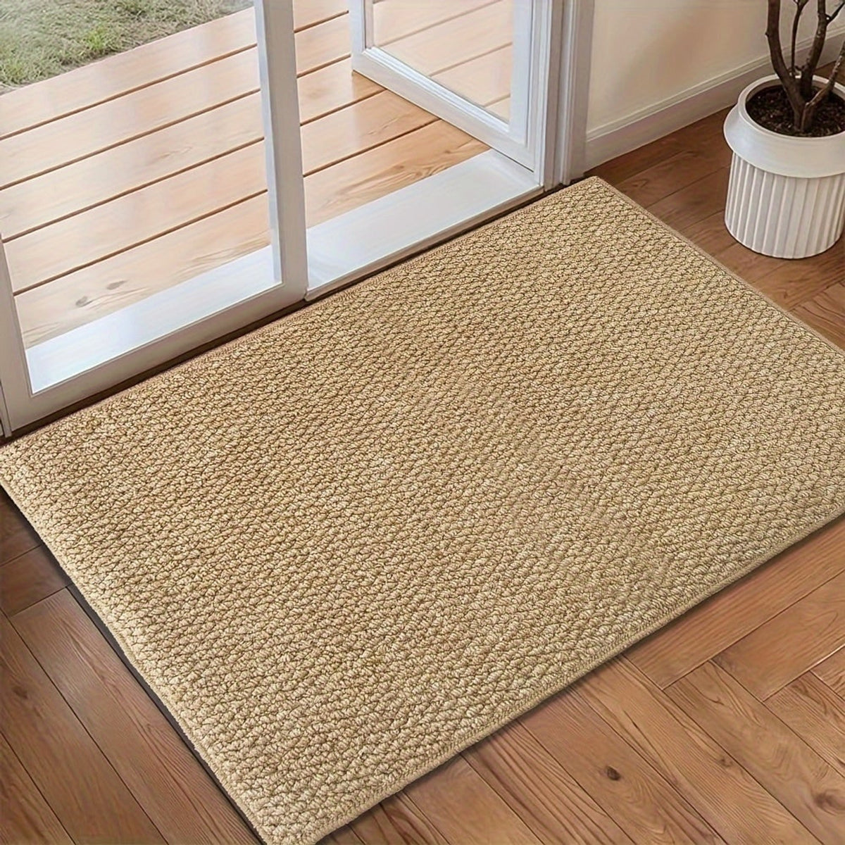 Camel woven mat on a bathroom floor