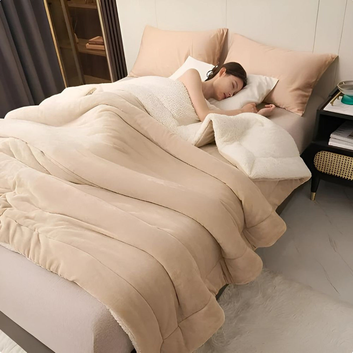 Beige flannel fleece blanket with sherpa lining on a bed