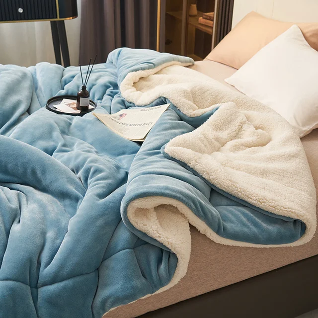 Blue fleece blanket with sherpa lining