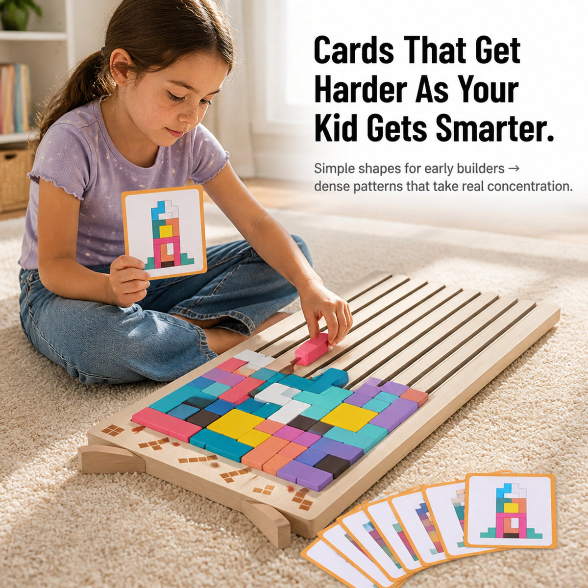 Child following a pattern card on a flat puzzle board