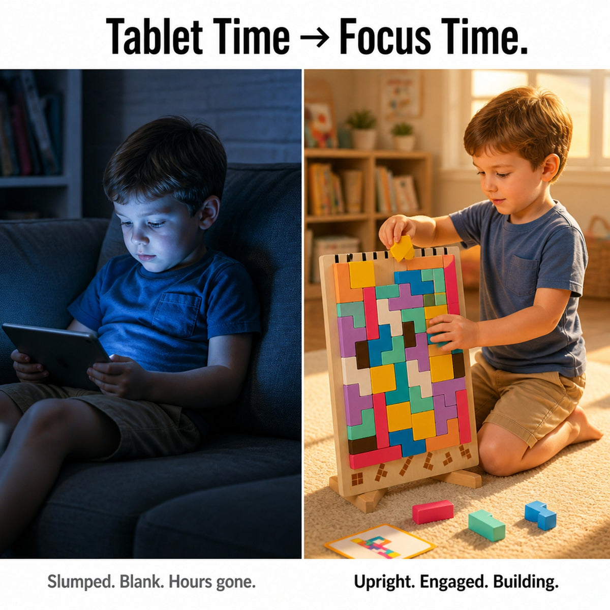 Tablet and vertical wooden puzzle comparison graphic