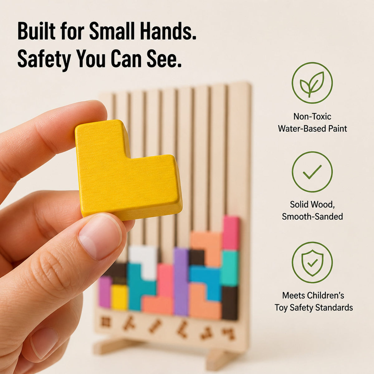Wooden puzzle construction and paint claims graphic