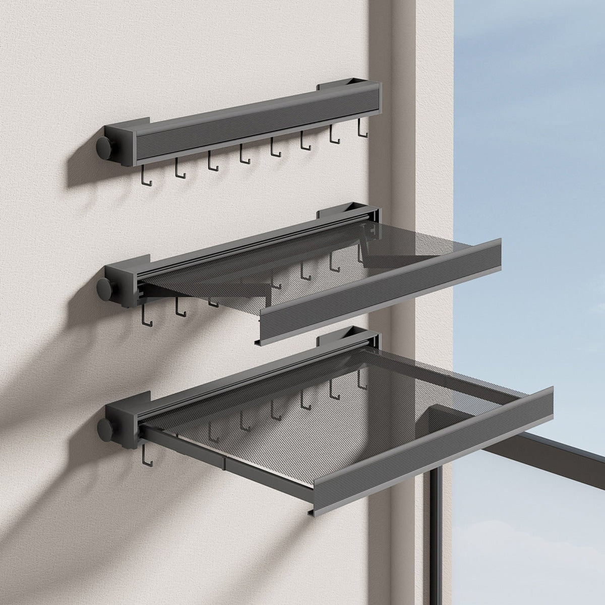 Grey drying shelf shown in open and folded positions