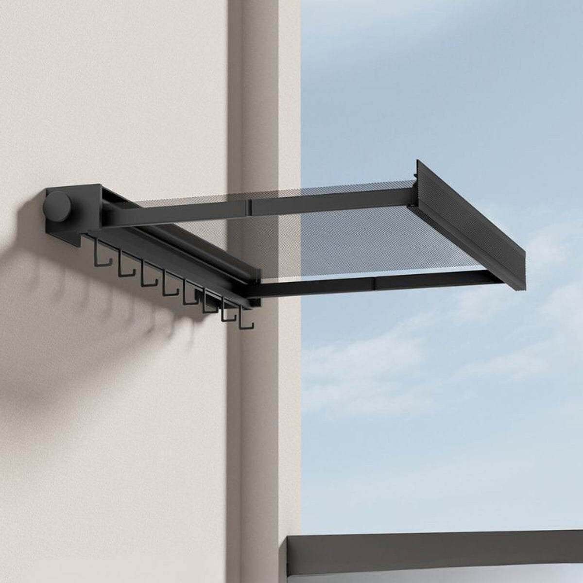Black mesh drying shelf extended with hook rail below