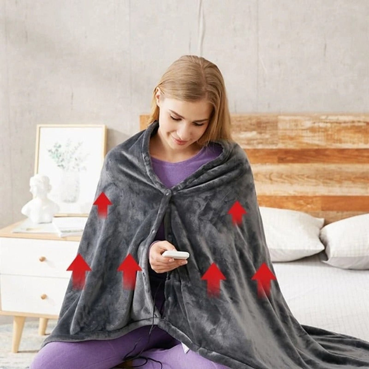 Grey wearable heated blanket with wired controller and heat illustration