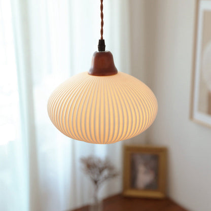 Modern Japandi Ceramic Pendant Light - Ribbed Shade