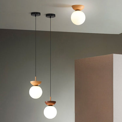 Modern Wood & Glass Globe Flush Mount Ceiling Light