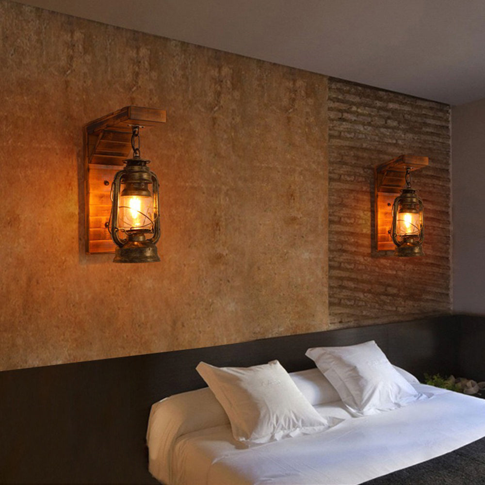 Rustic Pine Metal Lantern Wall Wall Lamp
