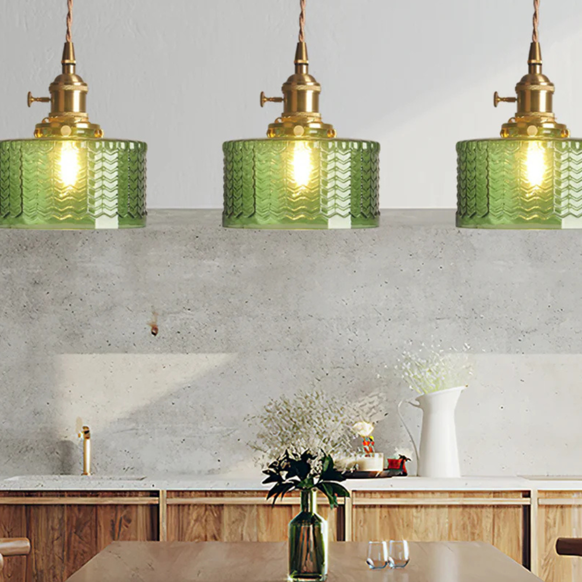 Vintage Elegant Textured Glass Brass Hanging Pendant Light