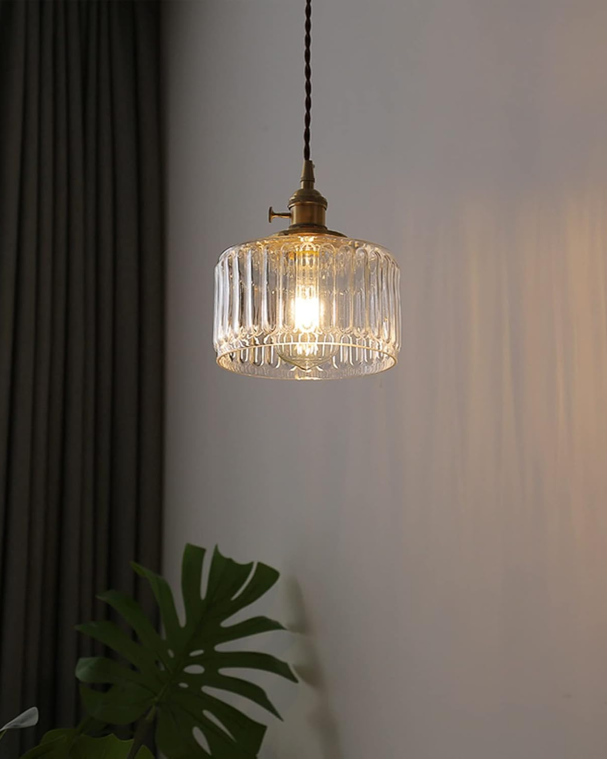Contemporary Emerald Glass Brass Hanging Pendant Light