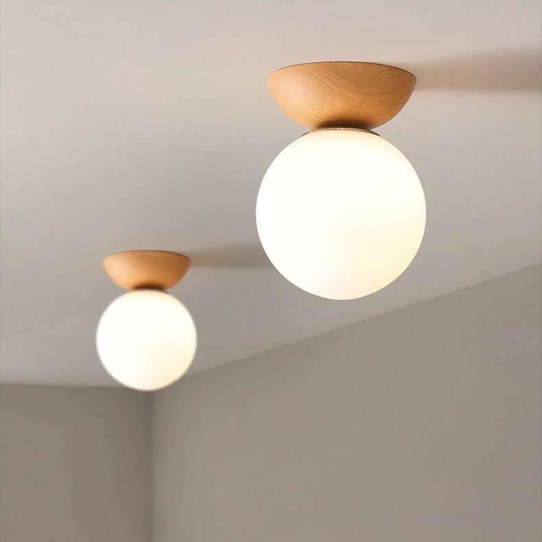 Modern Wood & Glass Globe Flush Mount Ceiling Light