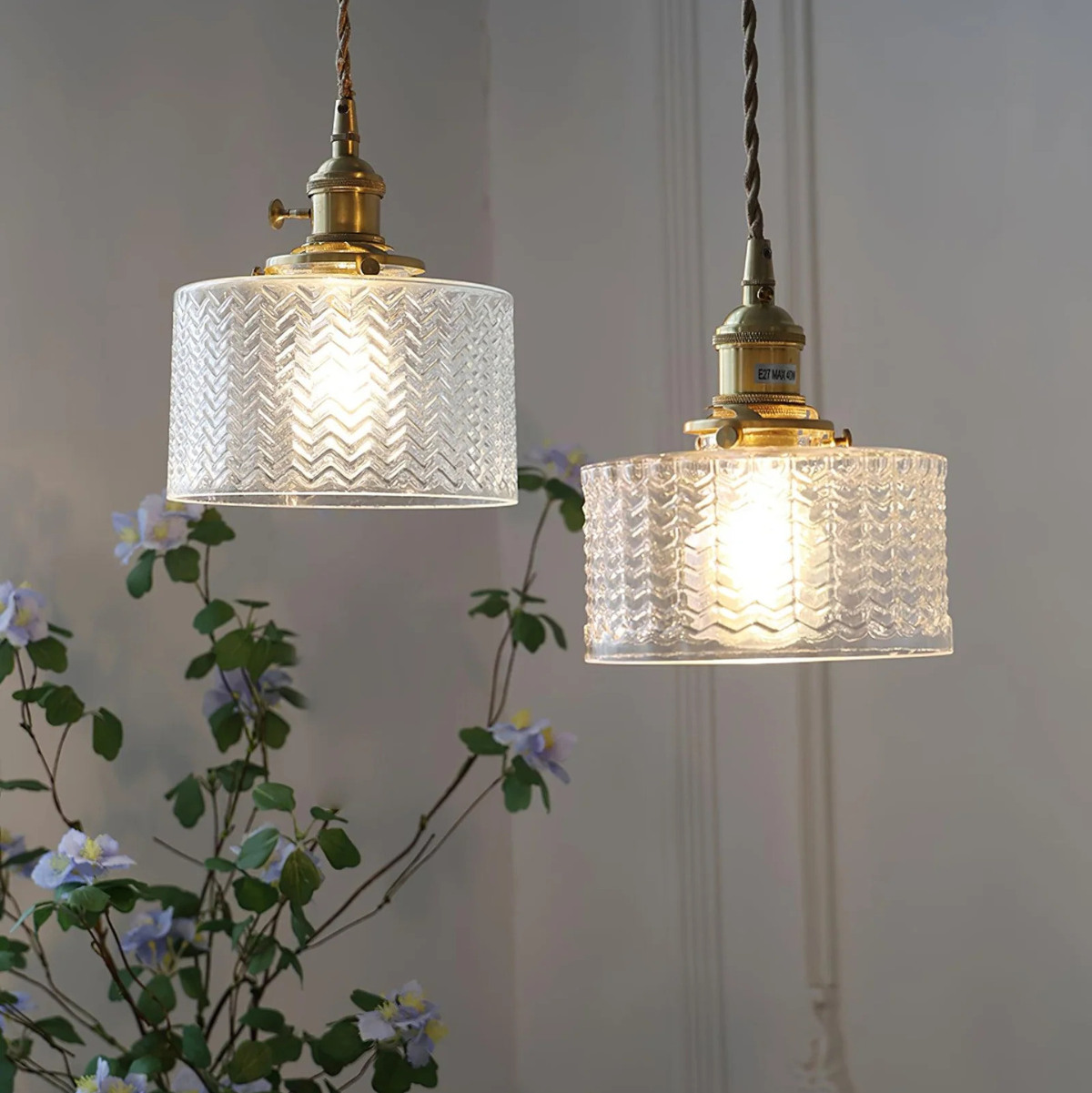 Vintage Elegant Textured Glass Brass Hanging Pendant Light