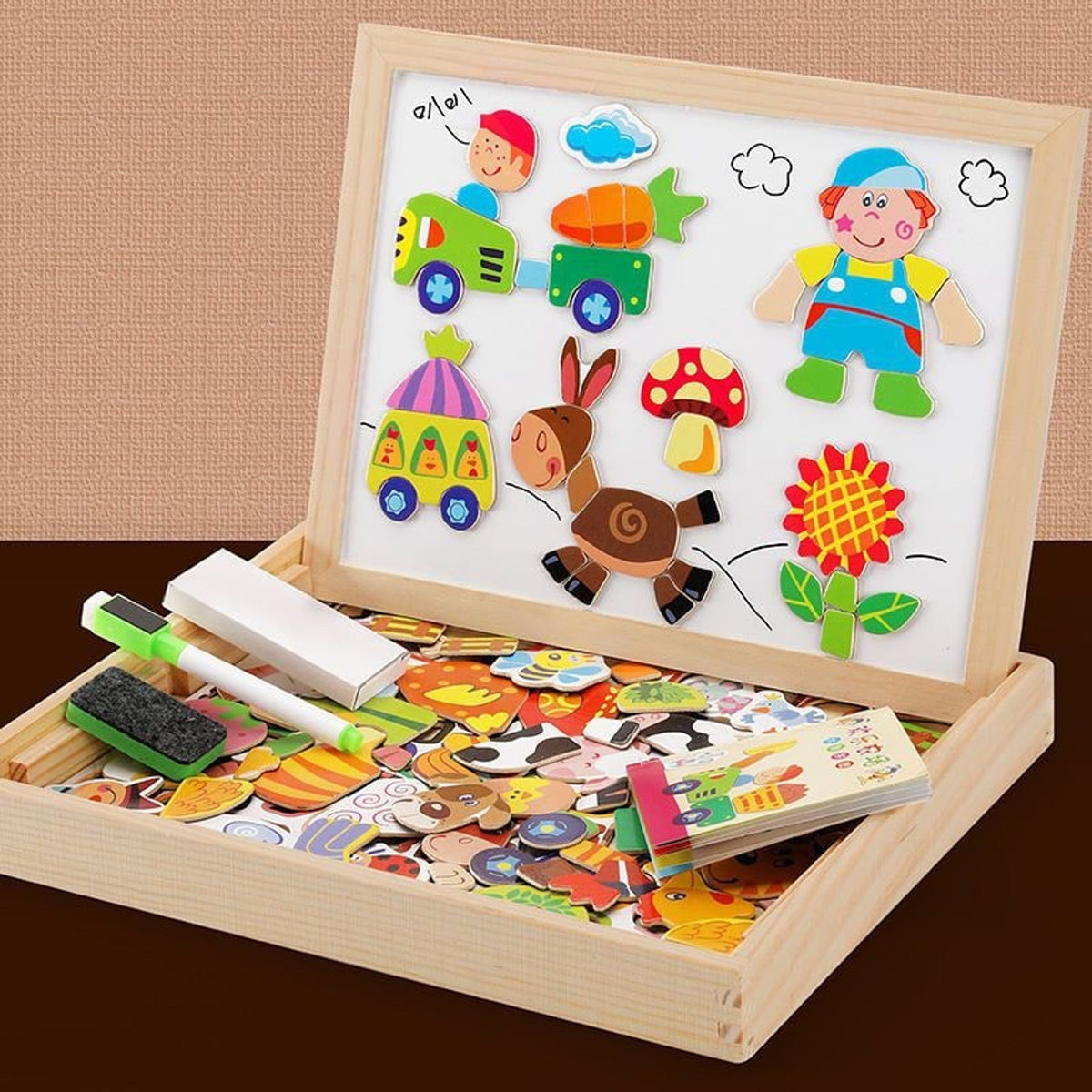 Farm magnetic whiteboard set with themed pieces and storage box