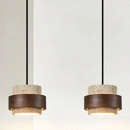 Modern Travertine Shade Walnut Accents Pendant Light