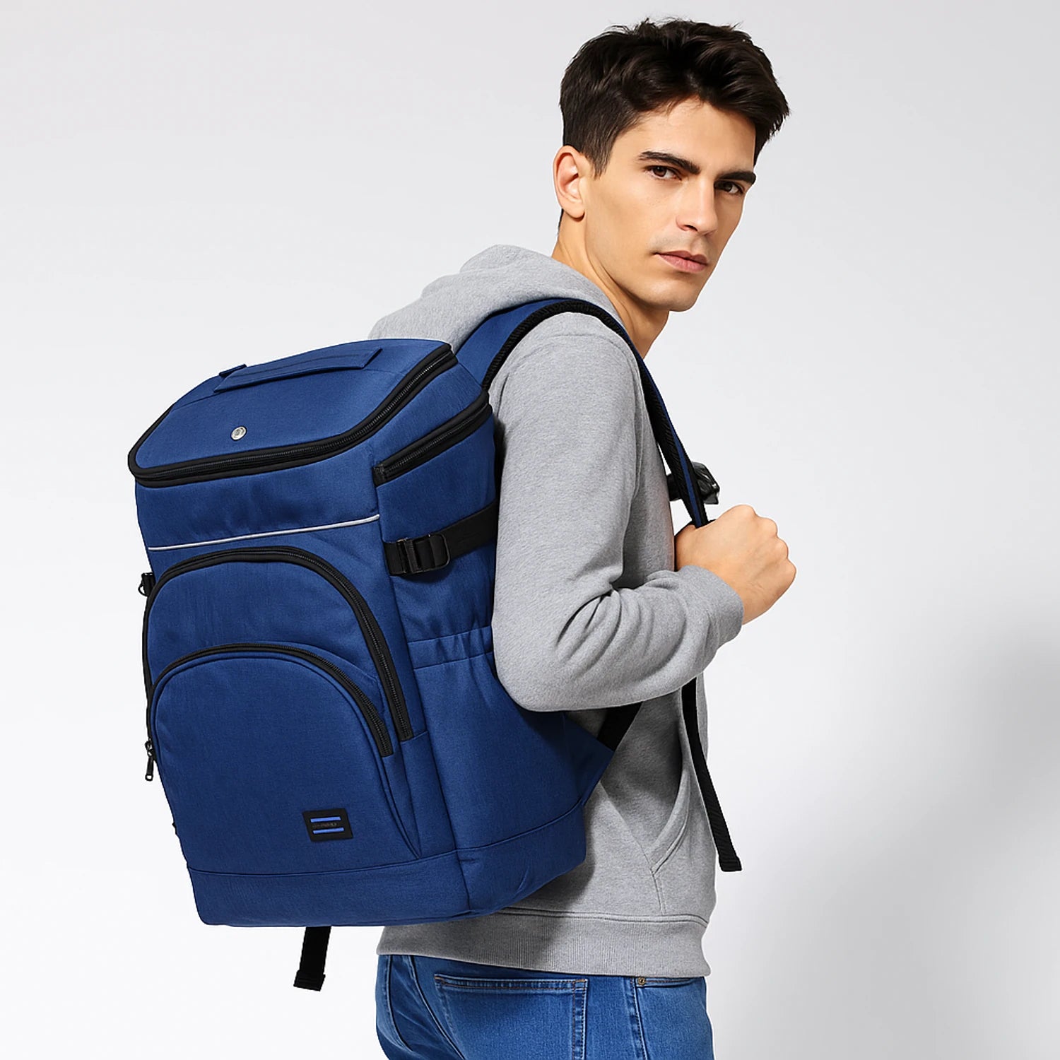 Blue 30L insulated cooler backpack with thermal Oxford fabric, zipper closure, soft straps, ideal for travel and outdoor use.