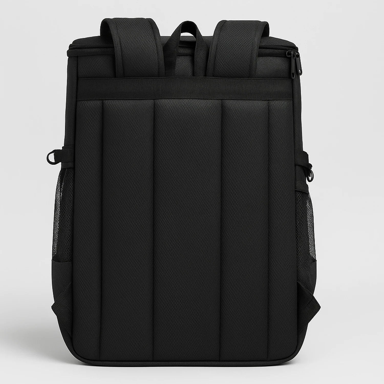 Black 30L insulated cooler backpack with thermal Oxford fabric, secure zipper, soft straps, ideal for travel and outdoor use to keep food and drinks cool.