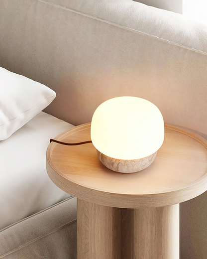 Modern Mushroom Travertine Base Opal Glass Nightstand Table Lamp