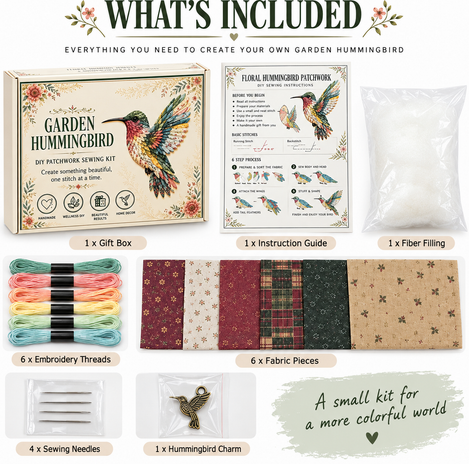 Bird sewing kit contents with fabric, threads, needles and filling