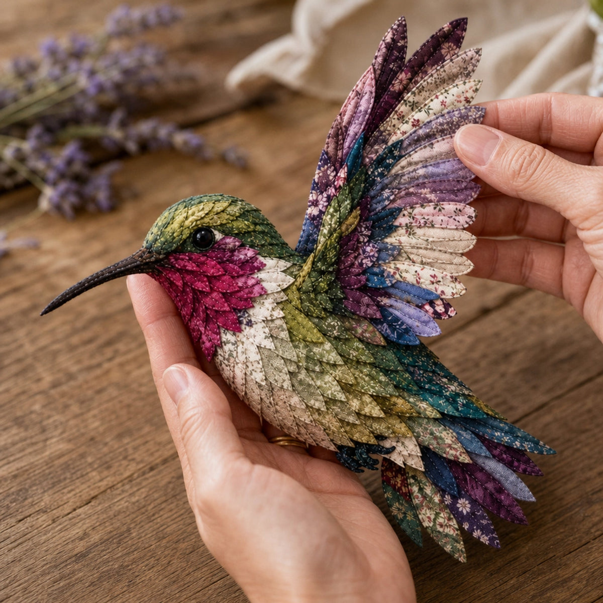 Close-up of multicoloured fabric hummingbird feathers