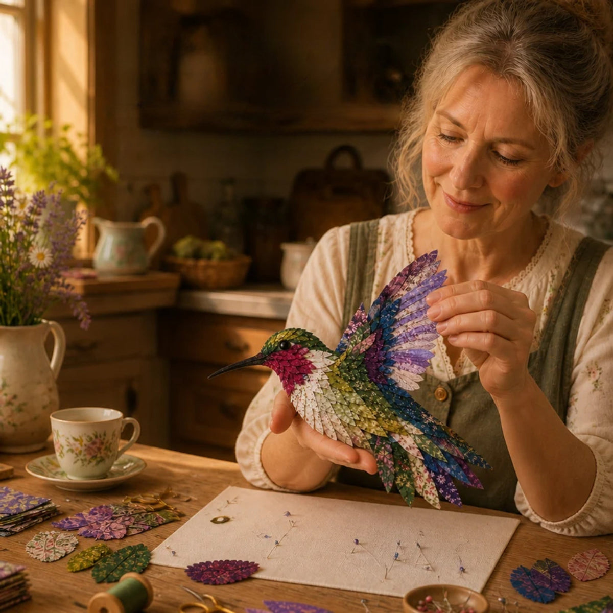 Person making a layered hummingbird fabric ornament
