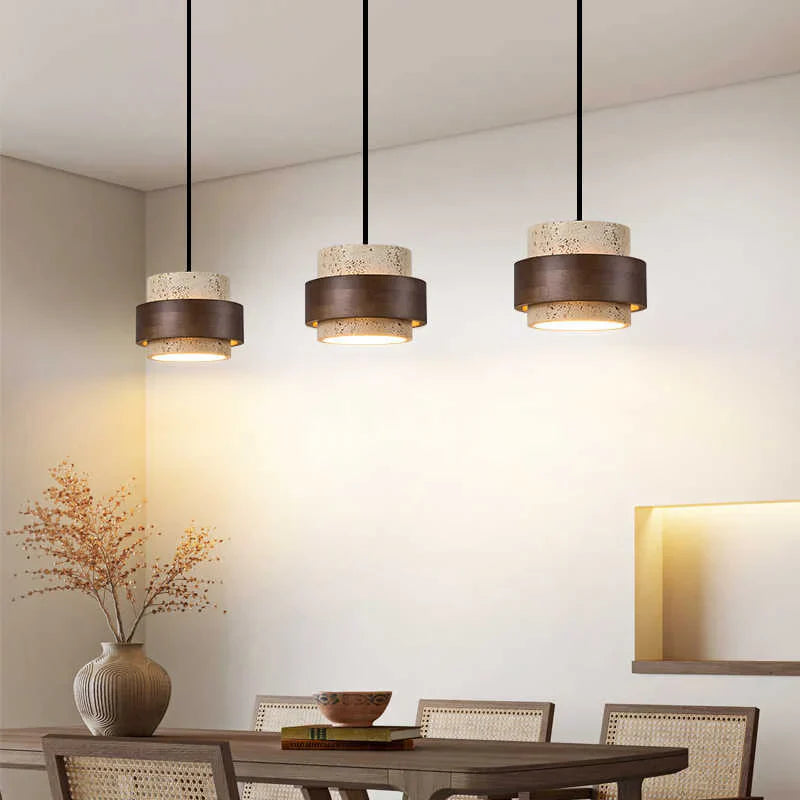 Modern Travertine Shade Walnut Accents Pendant Light