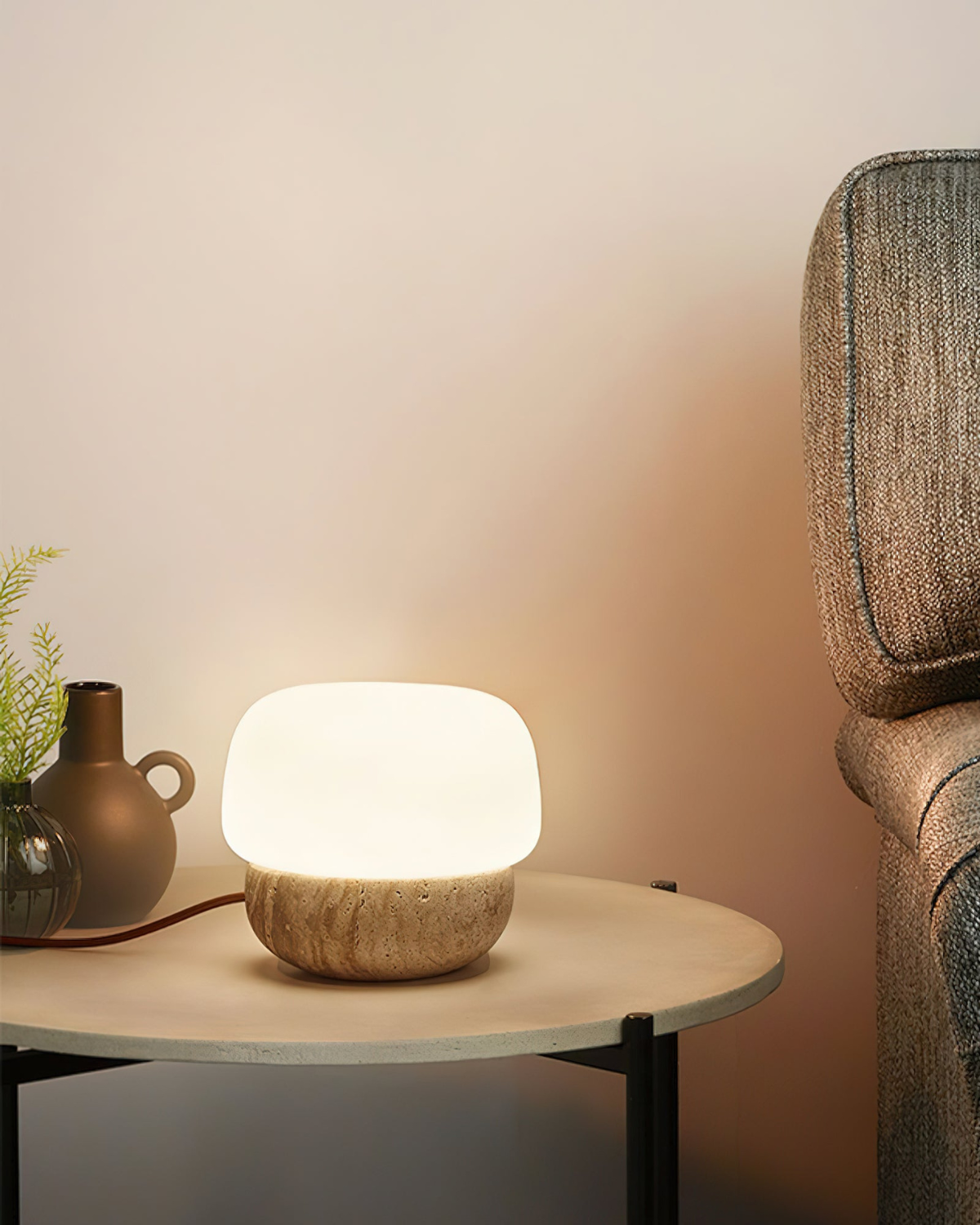 Modern Mushroom Travertine Base Opal Glass Nightstand Table Lamp