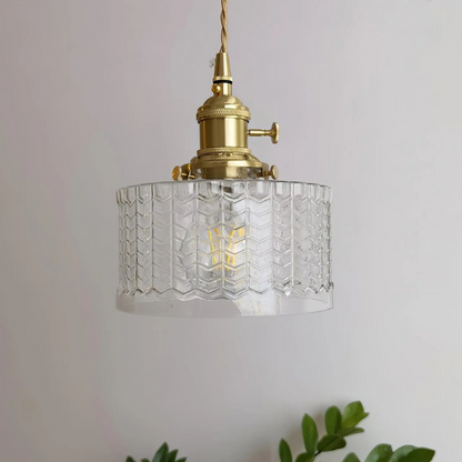 Vintage Elegant Textured Glass Brass Hanging Pendant Light