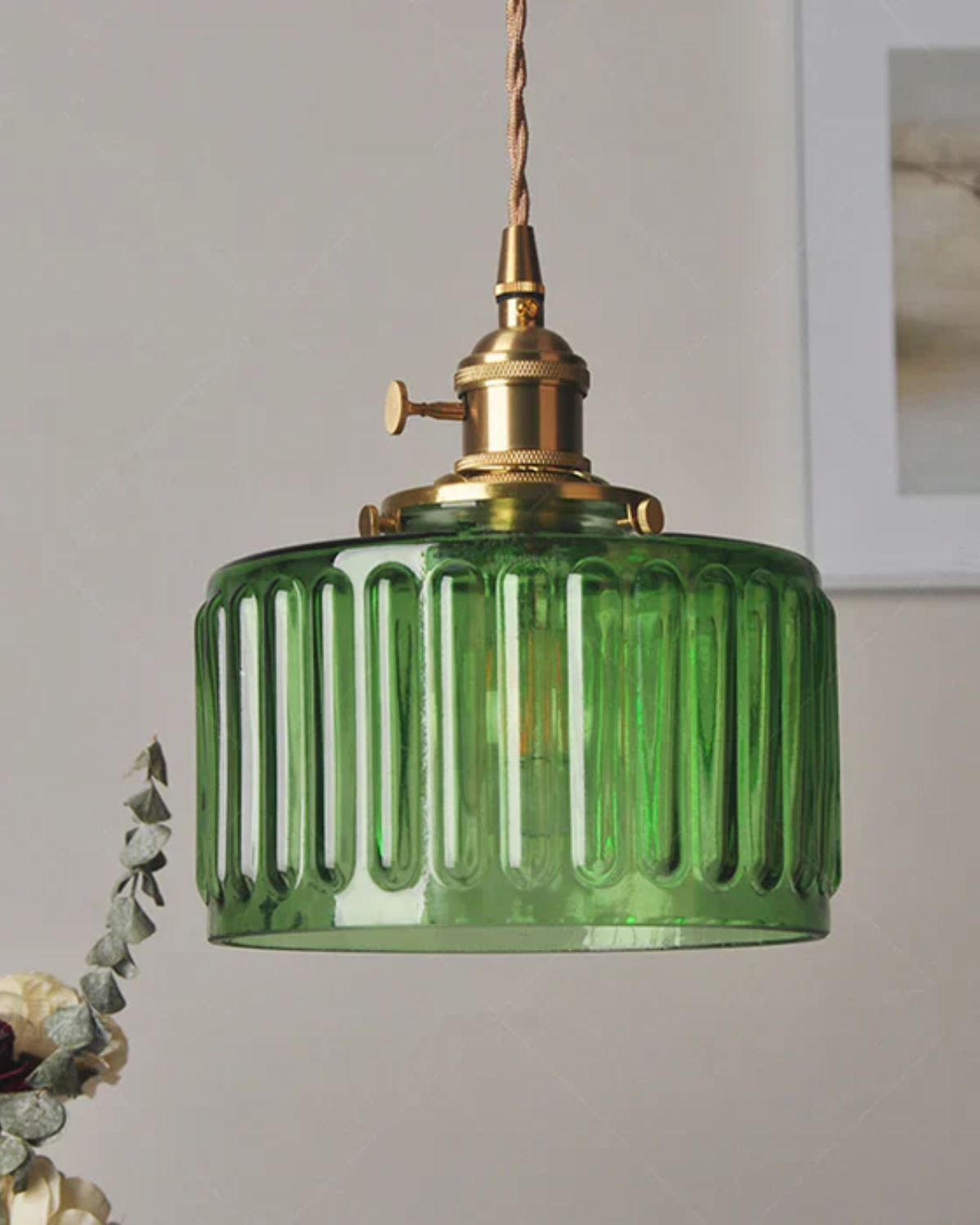 Contemporary Emerald Glass Brass Hanging Pendant Light