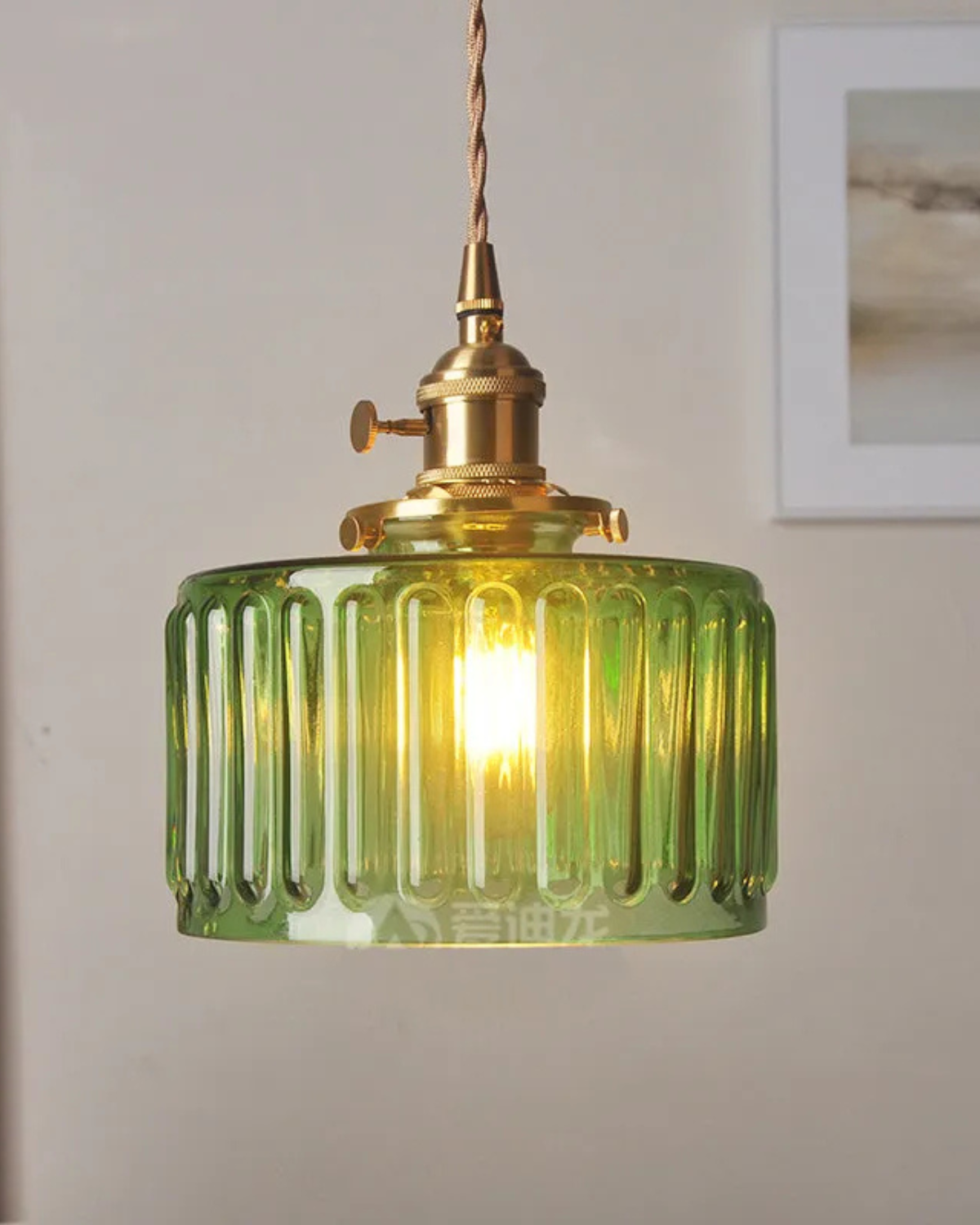 Contemporary Emerald Glass Brass Hanging Pendant Light