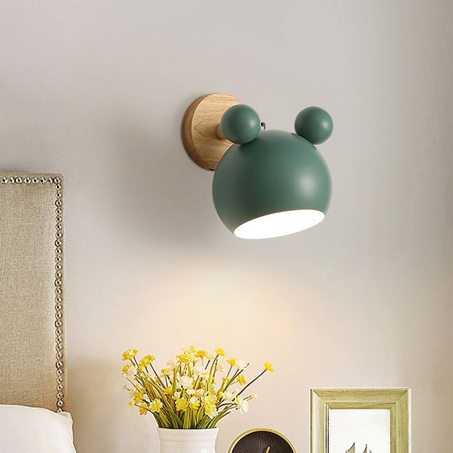 Wall Sconce – Metal Shade Wooden Base – Kids Bedroom Nursery E27