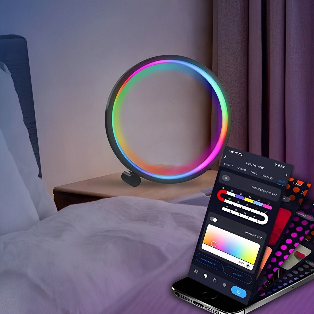 RGBIC LED Ring Table Lamp – Smart Tuya App Control & Remote – Bedroom Gaming USB