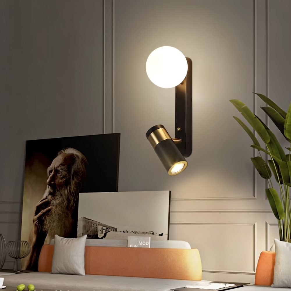Dual Light Bedside Wall Lamp – Glass Globe & Adjustable LED Reading Spot