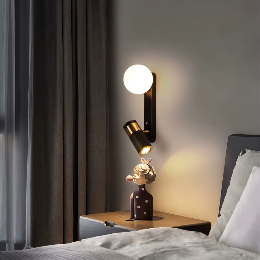 Dual Light Bedside Wall Lamp – Glass Globe & Adjustable LED Reading Spot