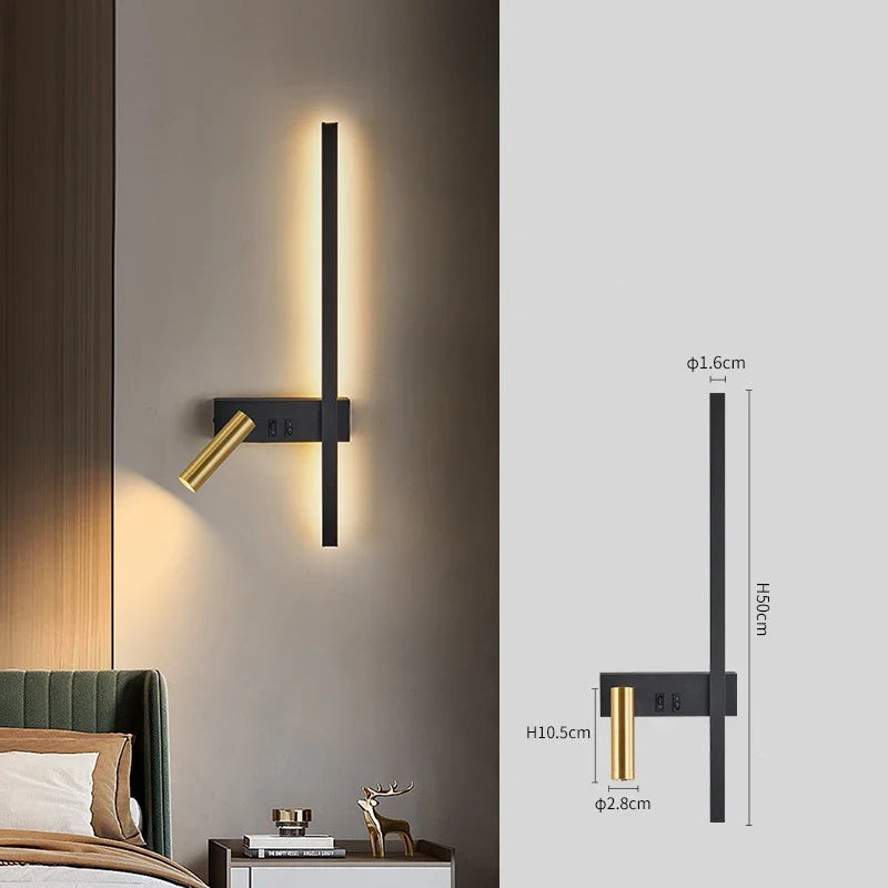 Black Gold Metal LED Wall Light – Dual Switch Reading Light – Bedside Bedroom