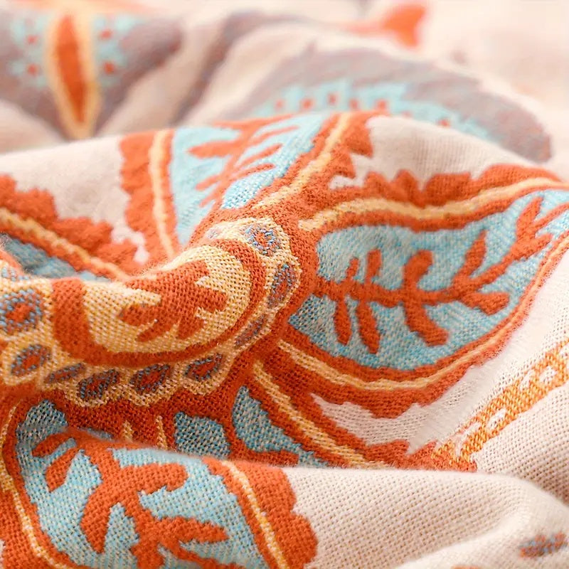 Close-up of woven floral cotton fabric