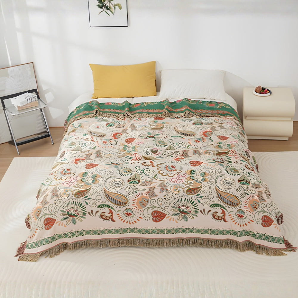Blush Maple patterned cotton throw with teal reverse
