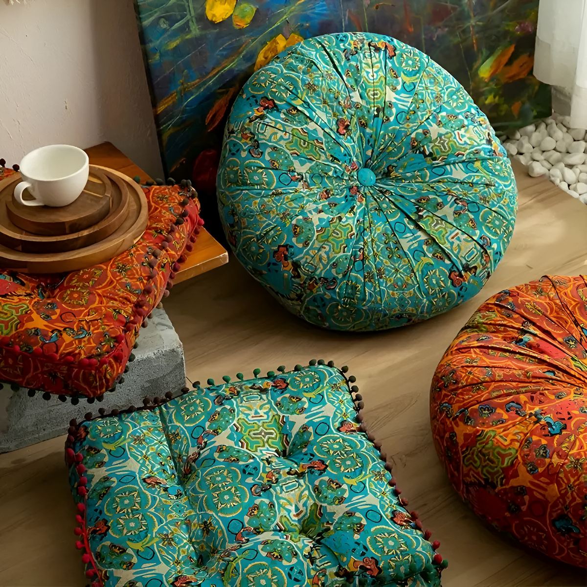 Square and round geometric cushions in blue and orange