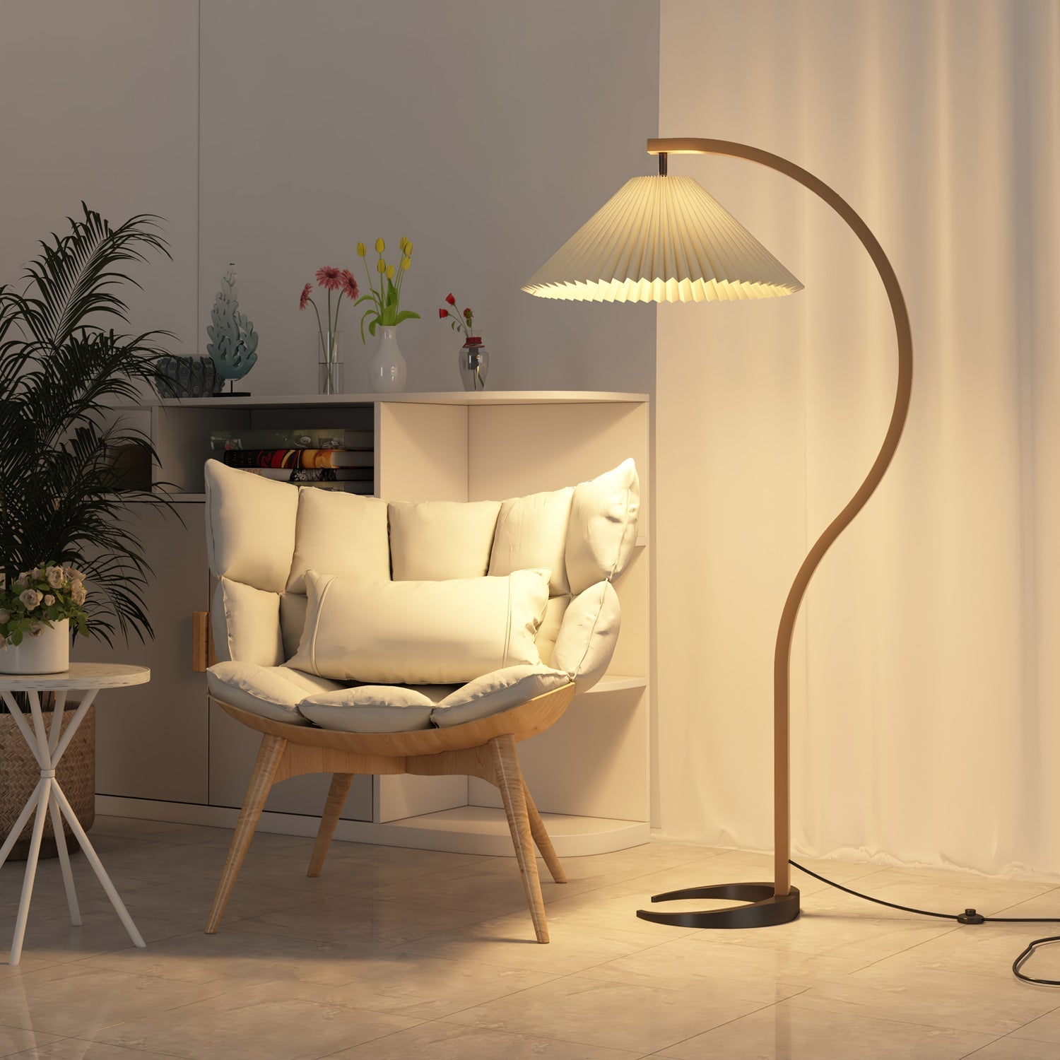 Nordic Beech Wood Pleated LED Floor Lamp