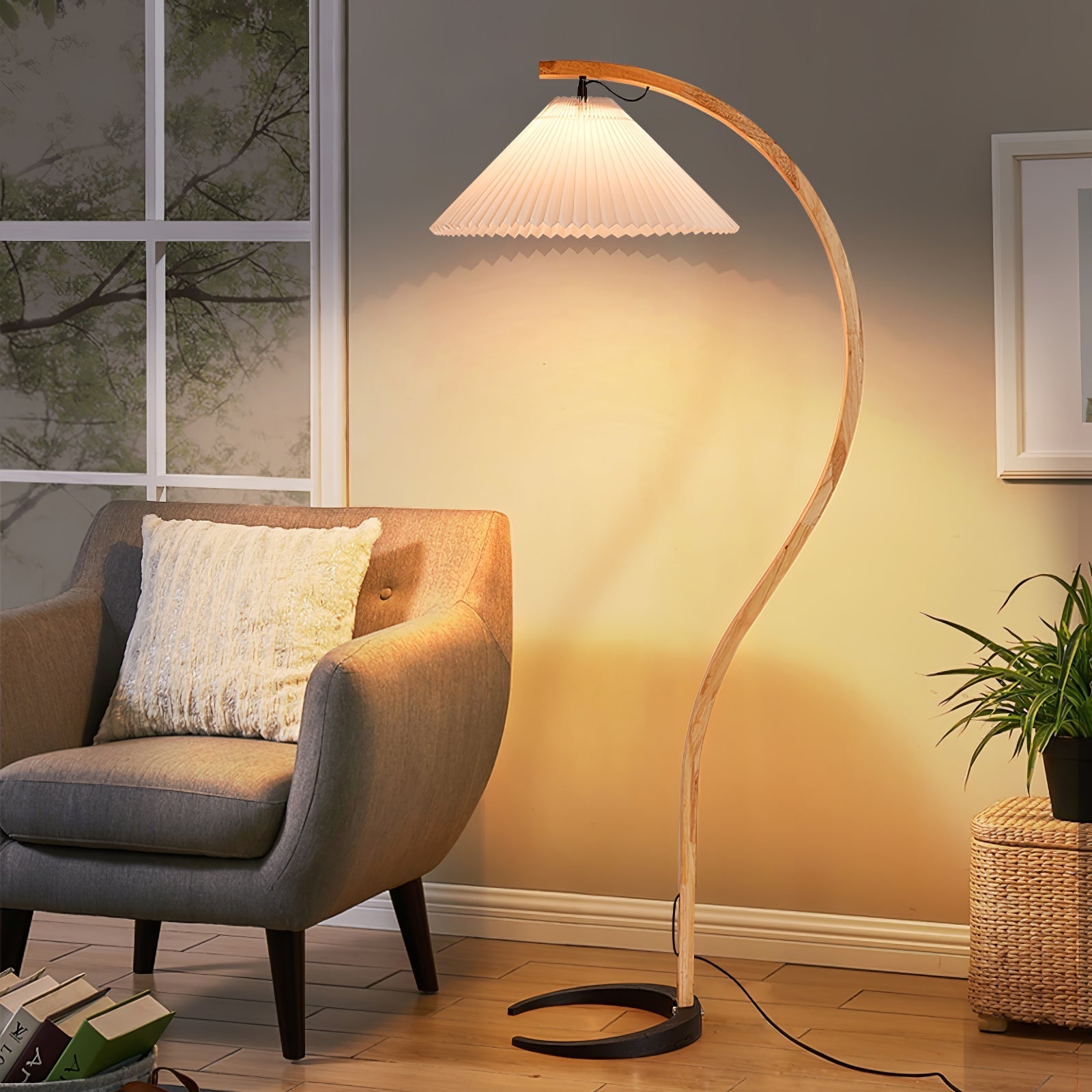 Nordic Beech Wood Pleated LED Floor Lamp