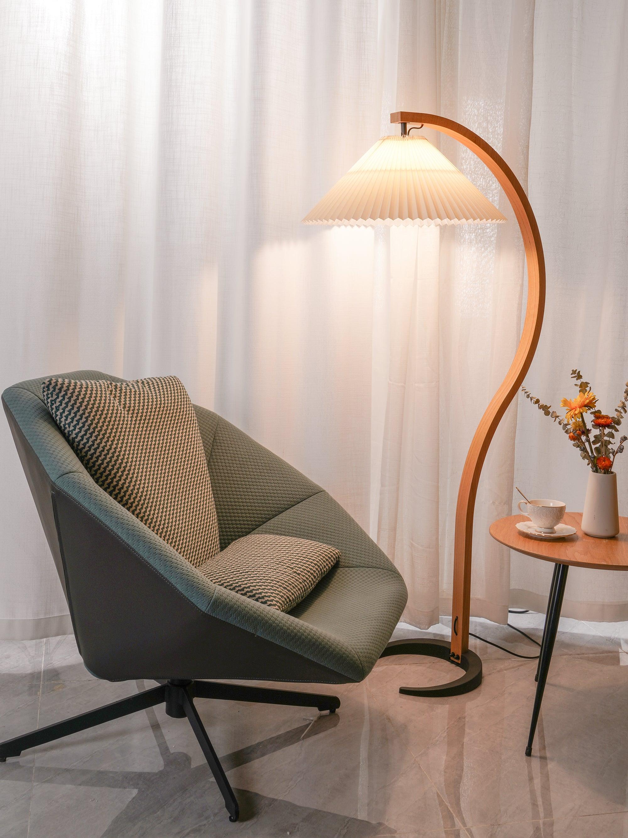 Nordic Beech Wood Pleated LED Floor Lamp