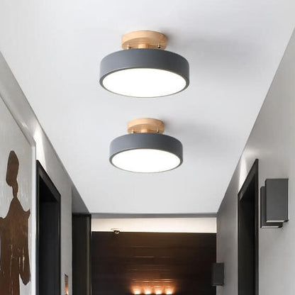 Modern Round Semi Flush LED Ceiling Light – Wood Accent Iron – Hallway & Kitchen
