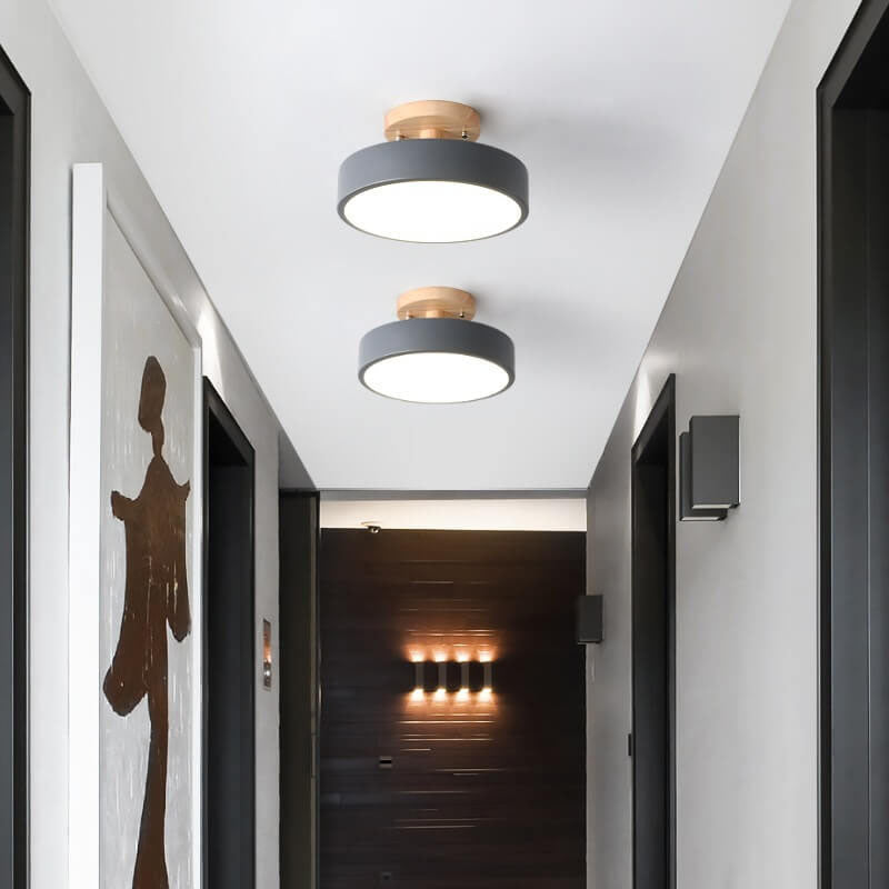 Modern Round Semi Flush LED Ceiling Light – Wood Accent Iron – Hallway & Kitchen