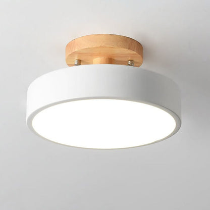 Modern Round Semi Flush LED Ceiling Light – Wood Accent Iron – Hallway & Kitchen