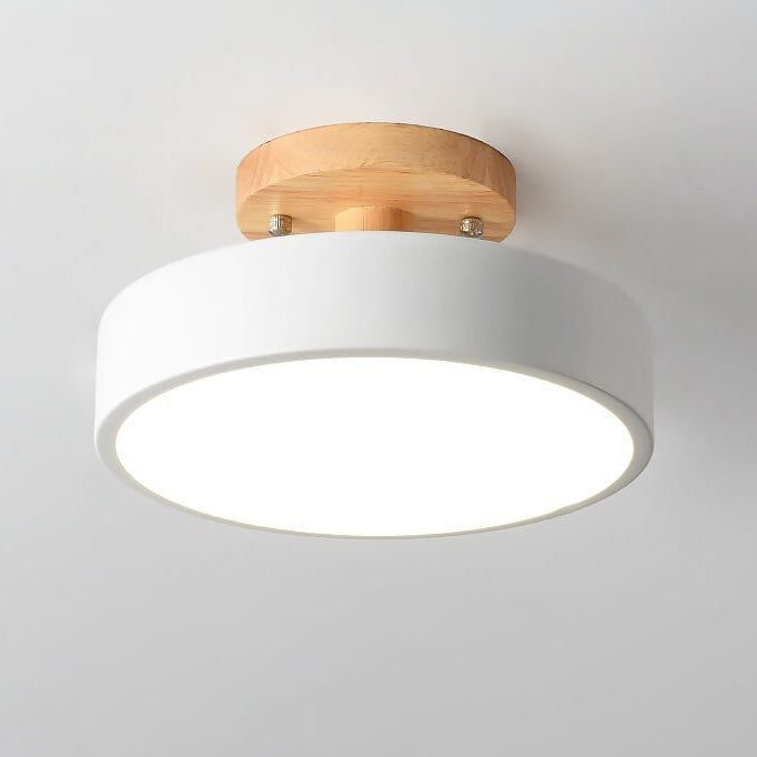 Modern Round Semi Flush LED Ceiling Light – Wood Accent Iron – Hallway & Kitchen